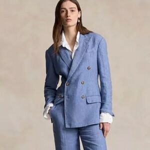 Polo Ralph Lauren Delave Linen Double Breasted Peak Lapel Blazer Blue Sz 6 $598